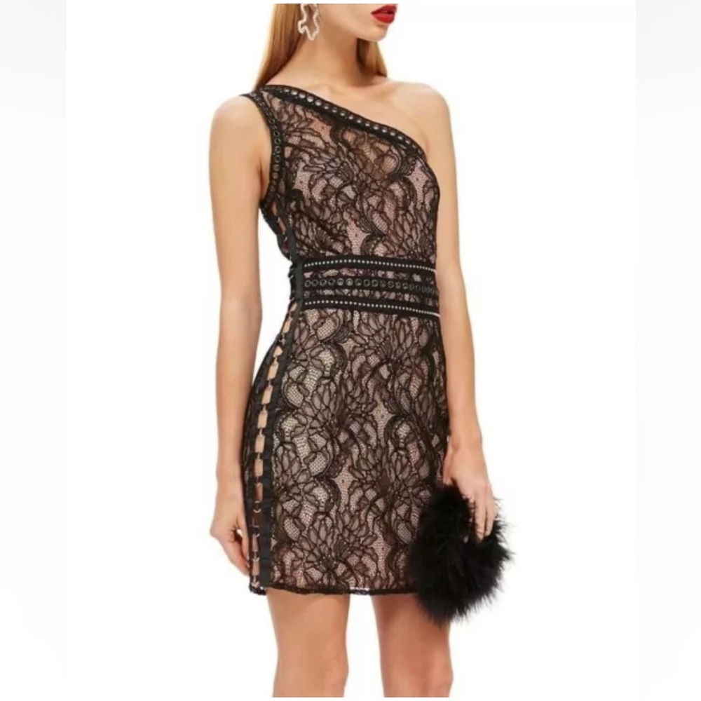 Top Shop sexy one shoulder Black lace Bodycon mini dress womens size 2 open side